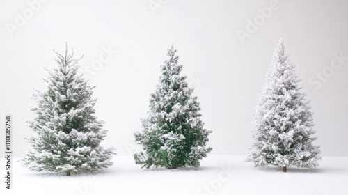 Snow-covered Christmas trees in a serene winter setting with soft lighting, creating a calm and festive atmosphere for holiday-themed projects and decorations.