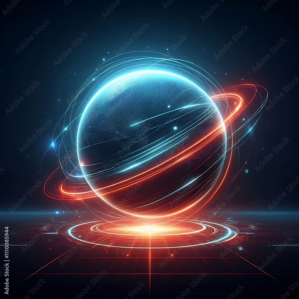 Obraz premium Futuristic glowing planet with rings and light effects.