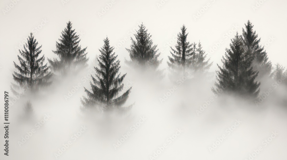 Thick fog covers the spruce forest at dawn, only the tops of the trees are visible from above. Thick fog covers the spruce forest at dawn, only the tops of the trees are visible from above.