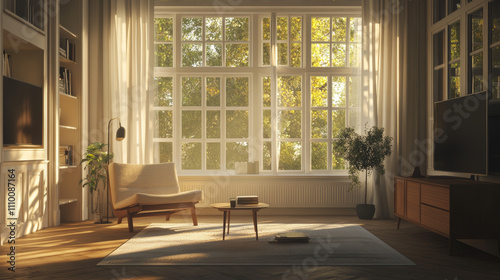 Modern Home Living Room Interior. Luxurious Stylish Modern Apartment. Scandinavian Design. TV Screen, Sunlight, Windows and Curtains. Wide Angle