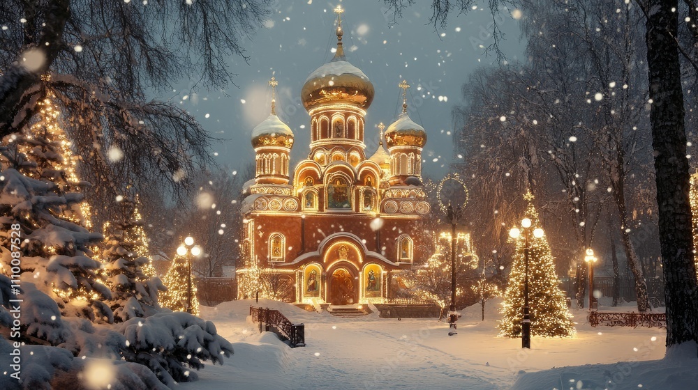 Fototapeta premium A snow-covered church illuminated at night, surrounded by trees and festive decorations.
