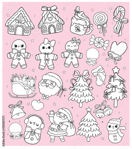 Coloring image Set of Coquette Christmas Gingerbread house, Gingerbread man and candy, Black and White Doodle Hand Drawn