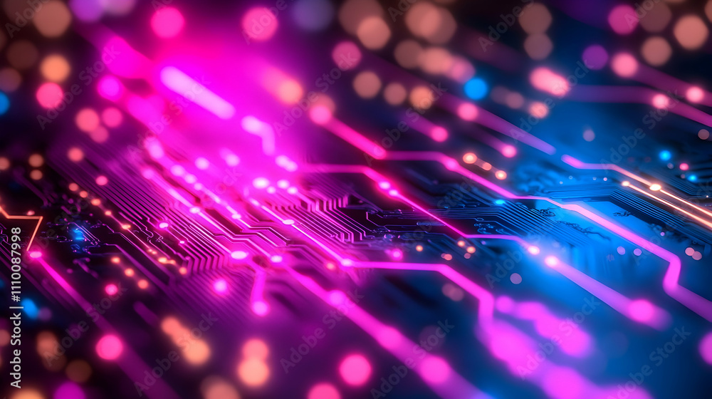Abstract glowing circuit board with pink and blue neon lights. Abstract glowing circuit board with pink and blue neon lights.