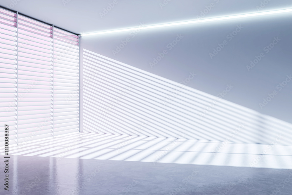 Obraz premium Minimalist room interior with sunlight casting striped shadows from window blinds on walls and floor. Modern, clean, simple design. 3D Rendering