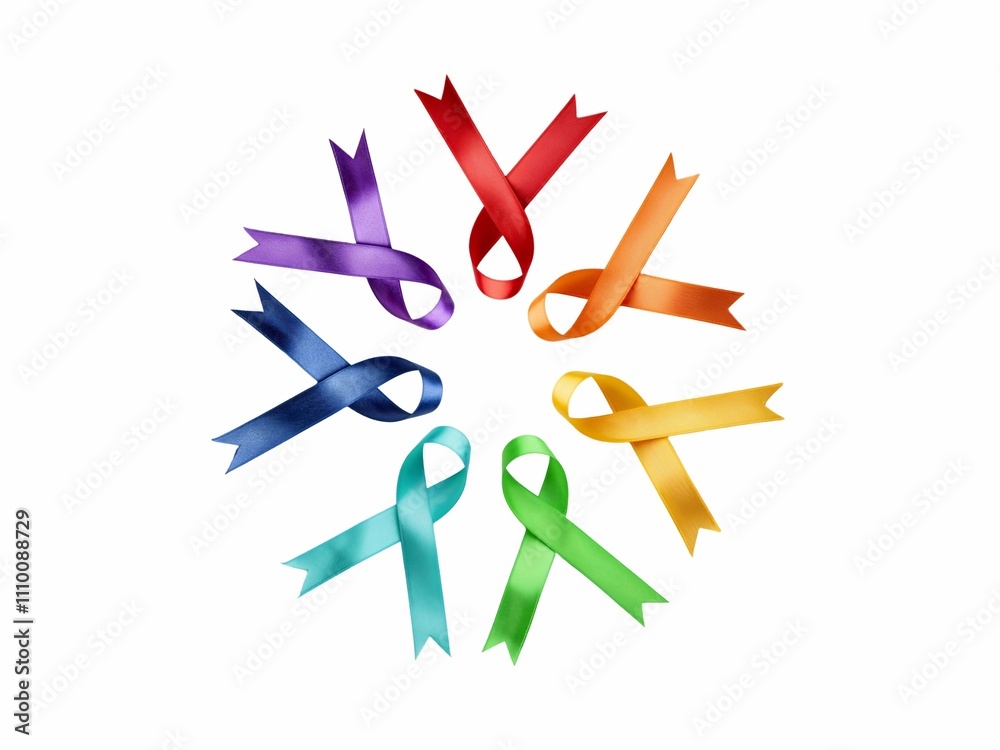 circles of various colors of awareness ribbons isolated on white. Cancer Awareness Ribbons in Circle on White Background, Symbolizing Support for Various Cancer Causes circles of various colors of awareness ribbons isolated on white. Cancer Awareness Ribbons in Circle on White Background, Symbolizing Support for Various Cancer Causes
