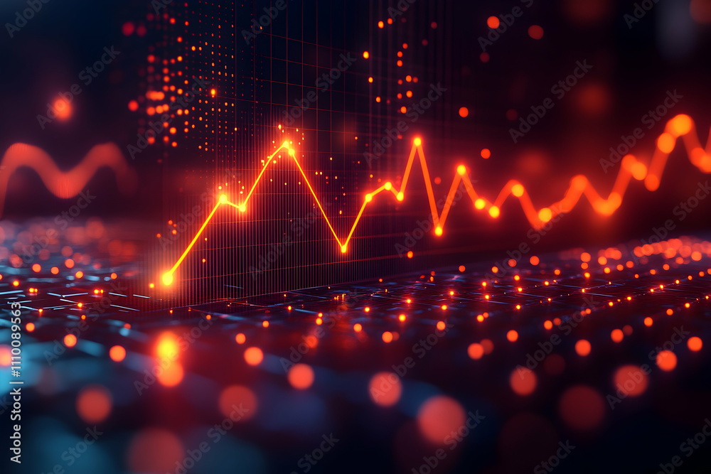 Abstract glowing red graph rising on digital background.