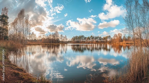 beautiful lake view, beautiful sky, Calm lake reflection against the blue sky with white clouds, Valdis lake, Turna, Latvia photo