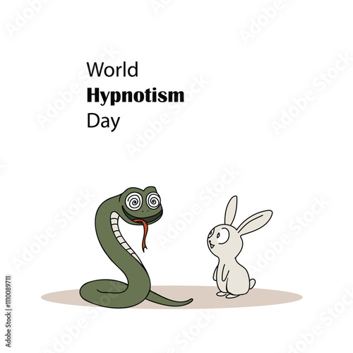 World Hypnotism Day. A simple drawing of a snake hypnotizes a hare on a white background.