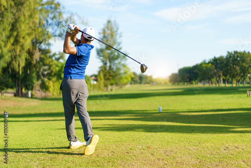 Asian man is playing golf in morning. photo
