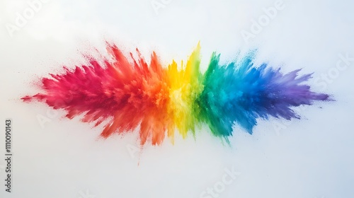 Radiant rainbow color explosion spreading outward across a white wide panoramic scene