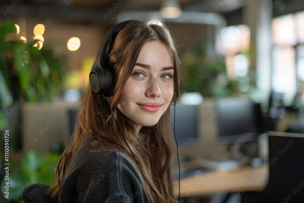 Woman wearing headphones using laptop Woman wearing headphones using laptop