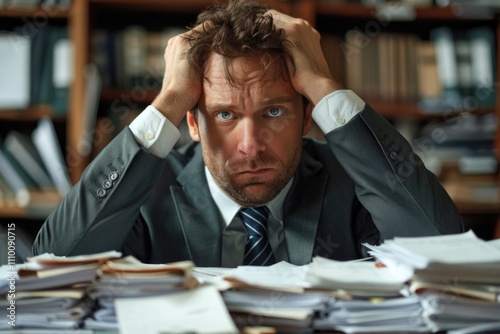 Stressed Businessman Overwhelmed by Paperwork in Office