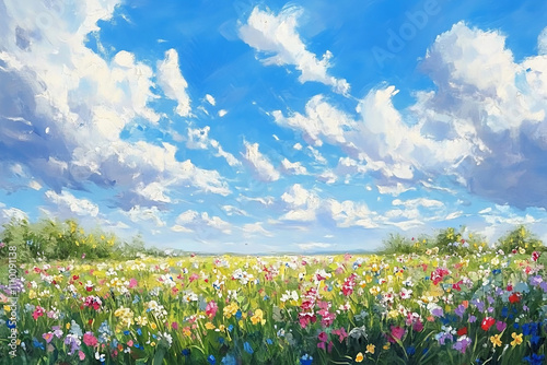 A painting of a field of flowers with a blue sky in the background
