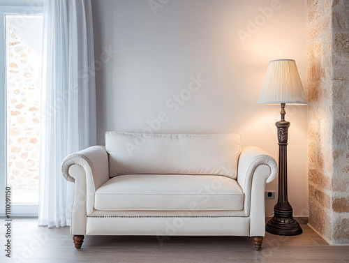 Cozy living room featuring a white loveseat and elegant floor lamp