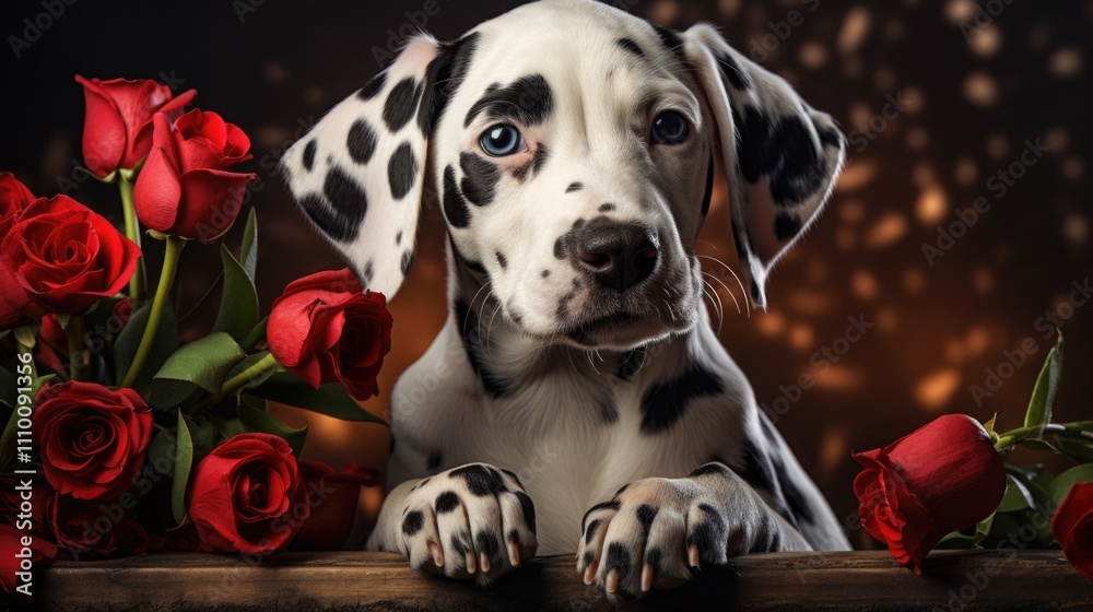 Dalmatian puppy sitting in front of red roses Dalmatian puppy sitting in front of red roses