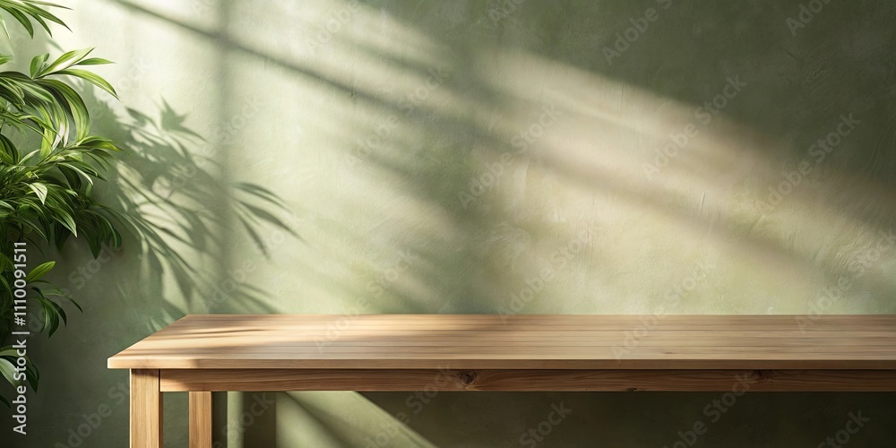 Sunlight illuminates a minimalist wooden table against a textured green wall Sunlight illuminates a minimalist wooden table against a textured green wall