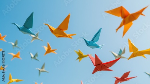 A collection of colorful origami birds flying in formation, symbolizing the harmony and beauty of diversity in motion, minimalistic photography style
