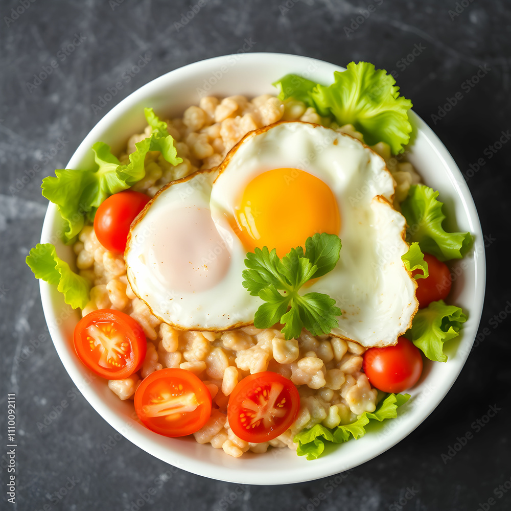 A hearty breakfast of oatmeal porridge topped with a fried egg and fresh A hearty breakfast of oatmeal porridge topped with a fried egg and fresh