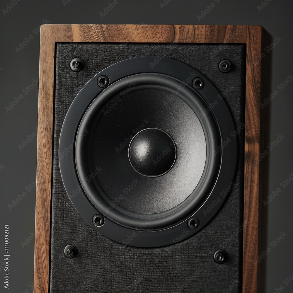 Walnut wood speaker closeup with black woofer Walnut wood speaker closeup with black woofer