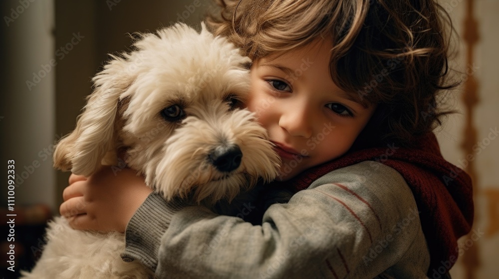 Young boy hugging small white dog indoors Young boy hugging small white dog indoors
