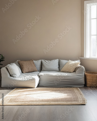 Cozy living room with minimalist sofa and natural light in a warm neutral-toned space