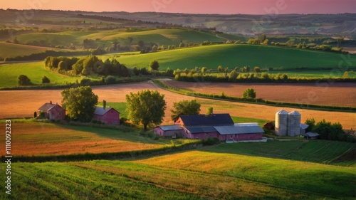 Scenic Countryside Farm at Sunset With Vibrant Fields and Rolling Hills 