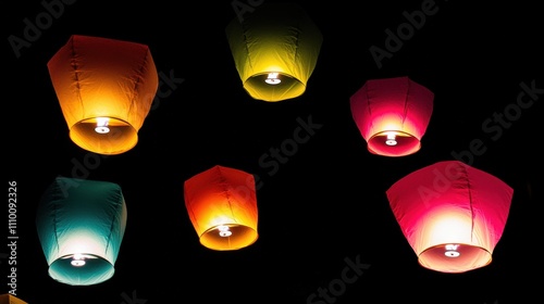 A collection of different-sized, colorful lanterns floating in a dark sky, each lantern representing different traditions photo