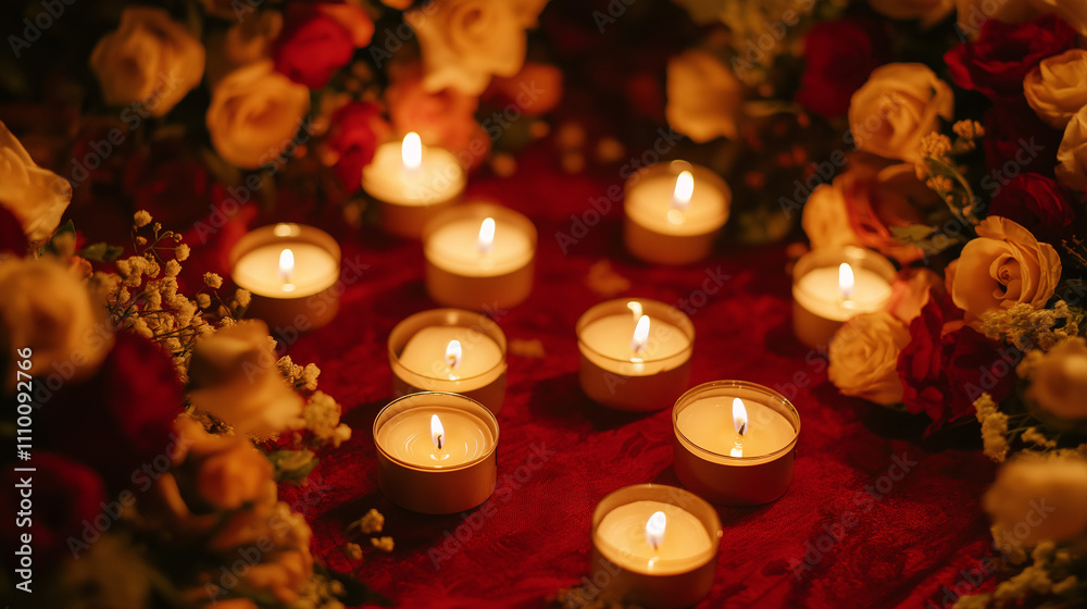 Candlelight surrounded by roses on romantic red backdrop. Candlelight surrounded by roses on romantic red backdrop.