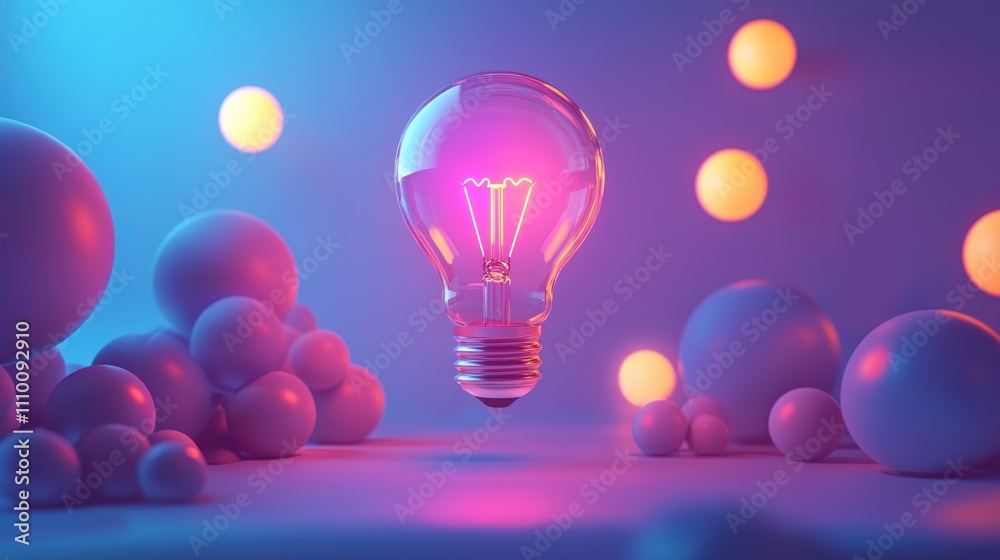 Colorful Light Bulb Glowing in a Surreal Scene Surrounded by Soft Shapes with a Dreamy Background in Vibrant Blue and Pink Hues Colorful Light Bulb Glowing in a Surreal Scene Surrounded by Soft Shapes with a Dreamy Background in Vibrant Blue and Pink Hues