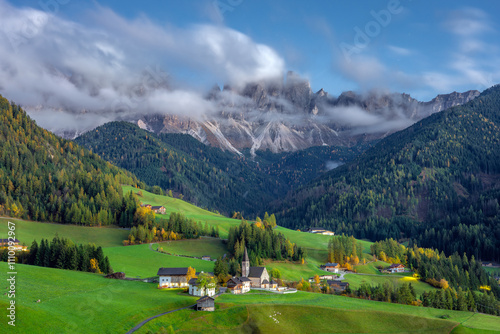 Val di funes the high plateau in the heart of the Dolomites is a natural paradise in autumn photo