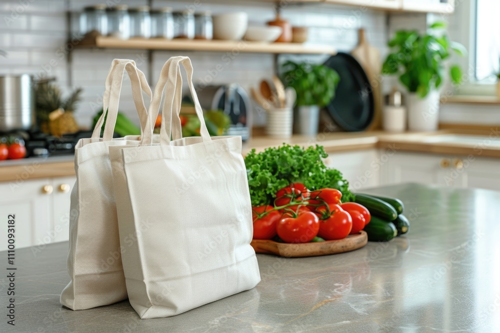 White tote bags with fresh produce in kitchen White tote bags with fresh produce in kitchen