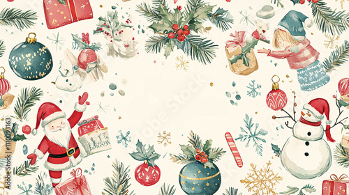Retro-style Christmas postcard, cheerful flat watercolor clipart. Featuring Santa Claus, children making snowmen, mistletoe, Christmas ornaments, and presents,   'Merry Christmas' is written with a bo