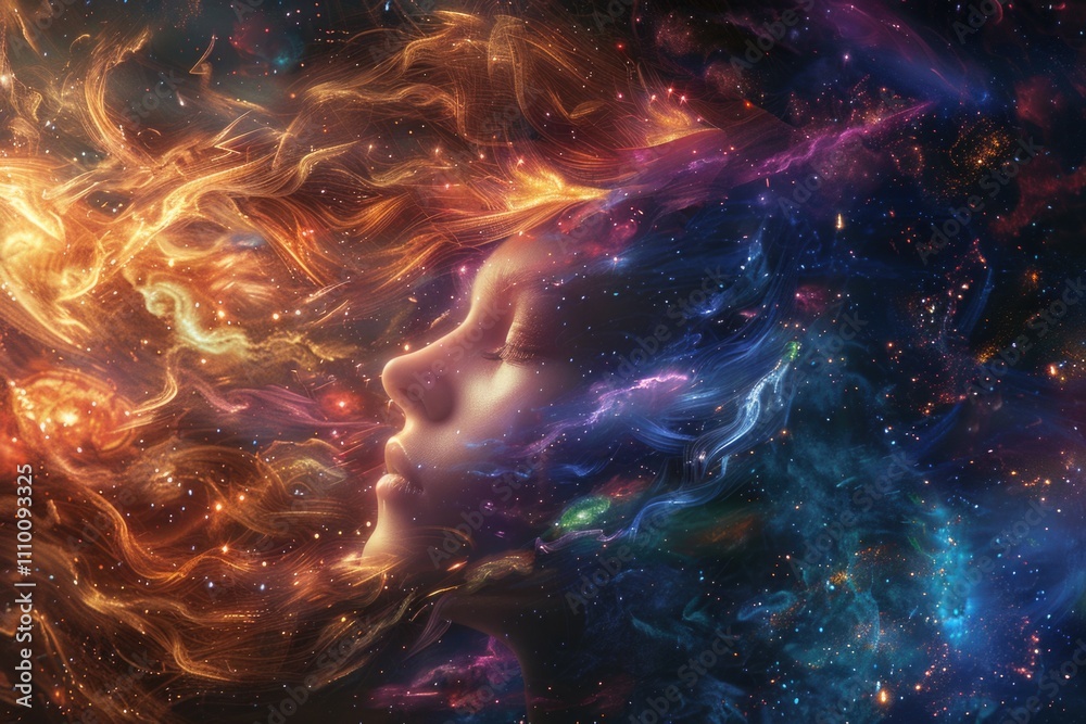 Womans face surrounded by stars and nebulae Womans face surrounded by stars and nebulae