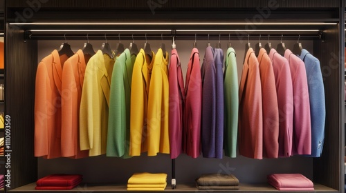 Colorful clorhes on racks in a fashion boutique photo