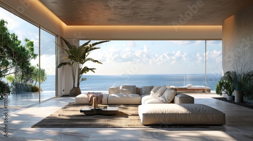 Modern living room with ocean view