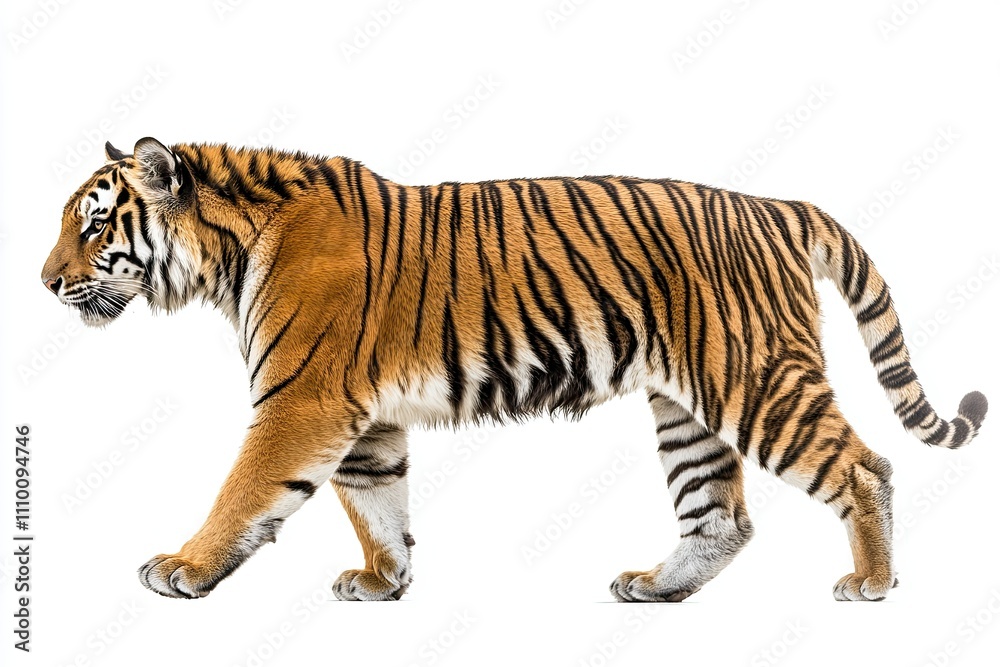 Obraz premium Majestic Tiger in Motion: Side View Photography on a White Background