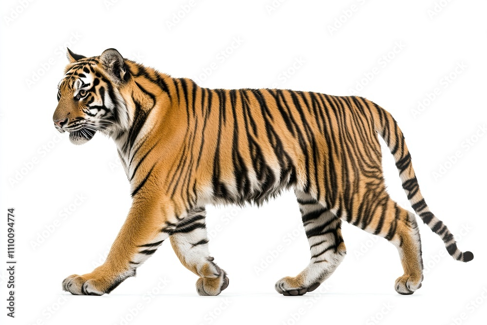 Obraz premium Majestic Tiger in Motion: Side View Photography on a White Background