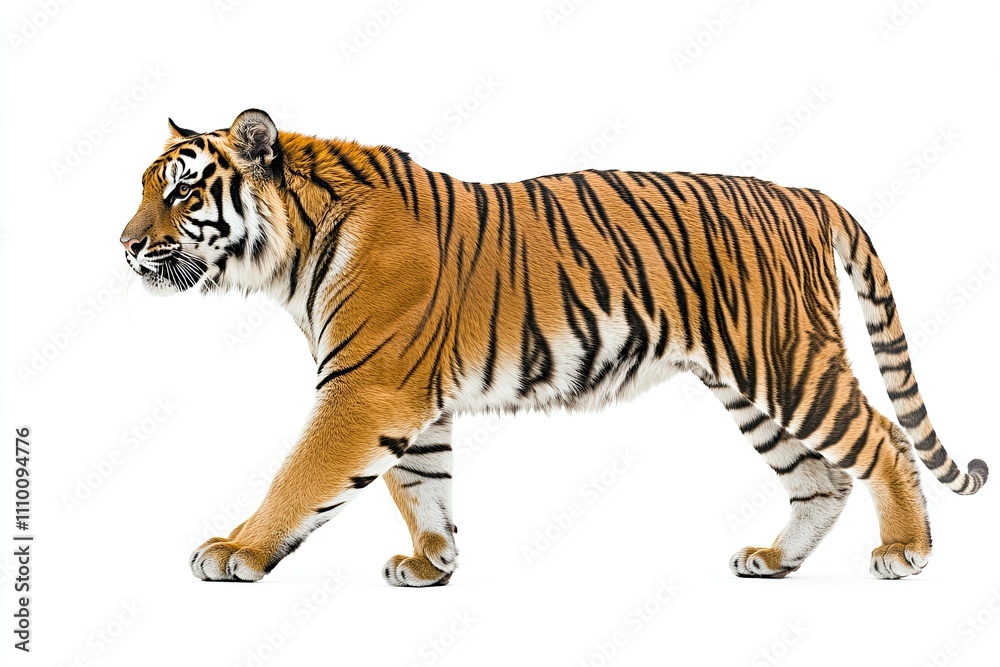 Obraz premium Majestic Tiger in Motion: Side View Photography on a White Background