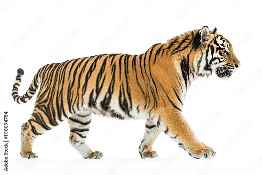 Majestic Tiger in Motion: Side View Photography on a White Background Majestic Tiger in Motion: Side View Photography on a White Background