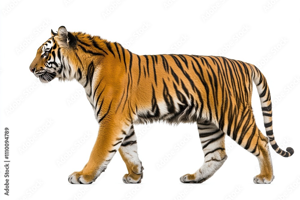 Majestic Tiger in Motion: Side View Photography on a White Background Majestic Tiger in Motion: Side View Photography on a White Background