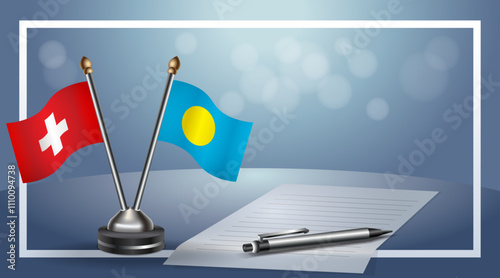 Switzerland and Palau Small national flag on bokeh background, cooperative relationship