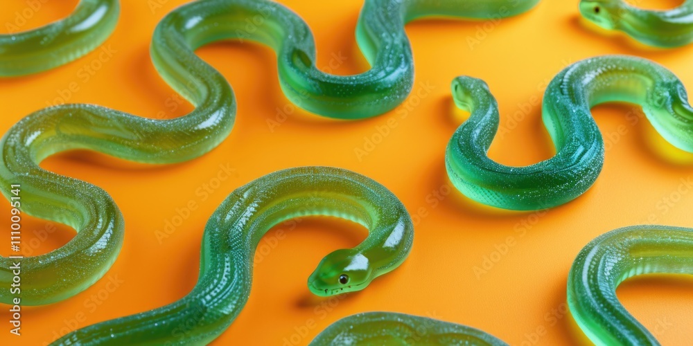 Fototapeta premium Green gummy snake candy on orange background