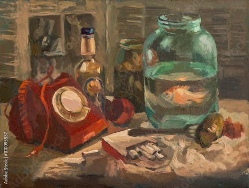 The still life with a red telephone and a glass jar of water on the table is an oil painting on canvas. Oil painting. The painting is retro.