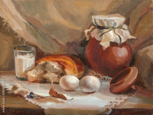 A still life with a jug and food on the table is an oil painting on canvas. Oil painting. The painting is retro.