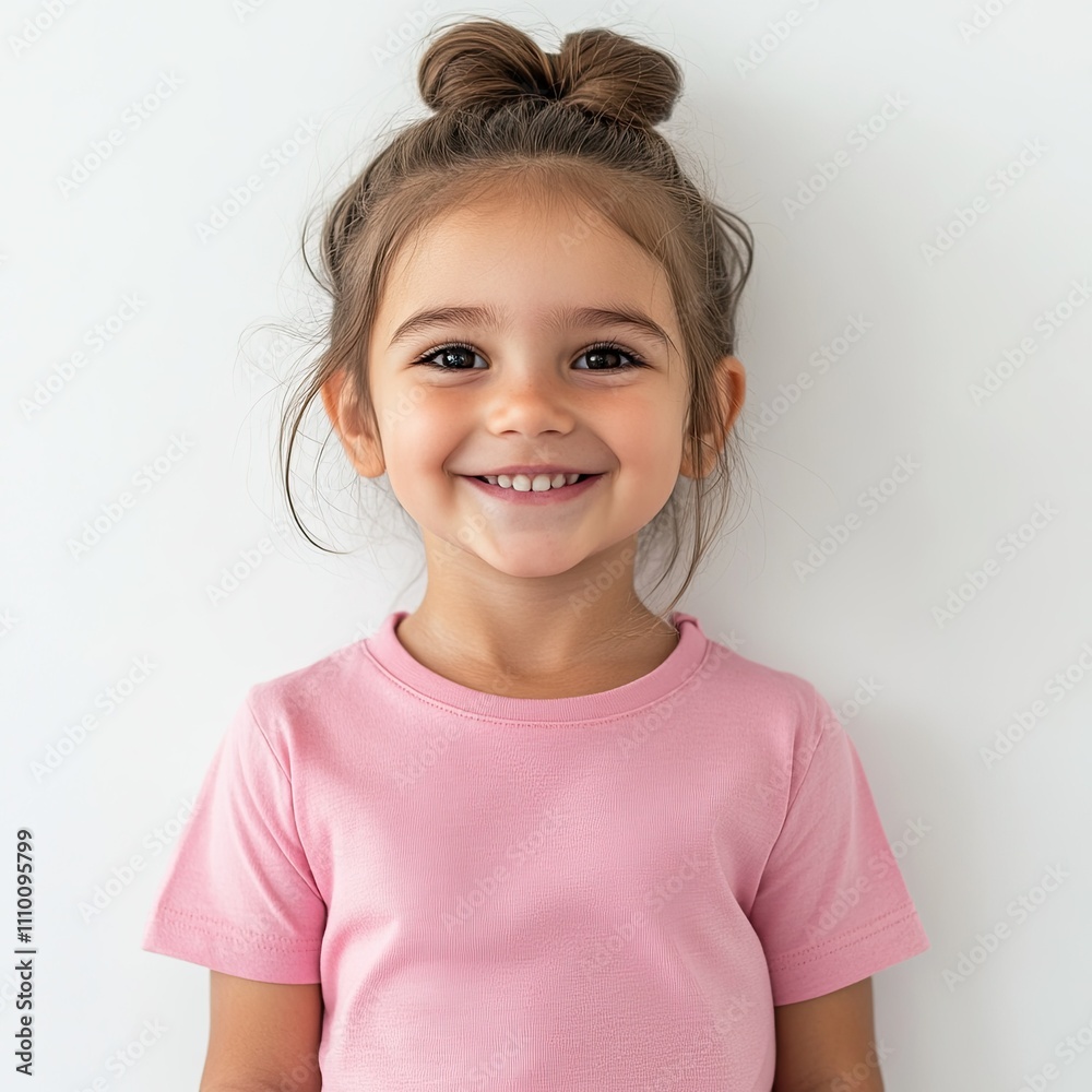 Portrait of a happy little girl child smiling, wearing a pink t-shirt and a hair bun, standing against a white wall in a studio Portrait of a happy little girl child smiling, wearing a pink t-shirt and a hair bun, standing against a white wall in a studio