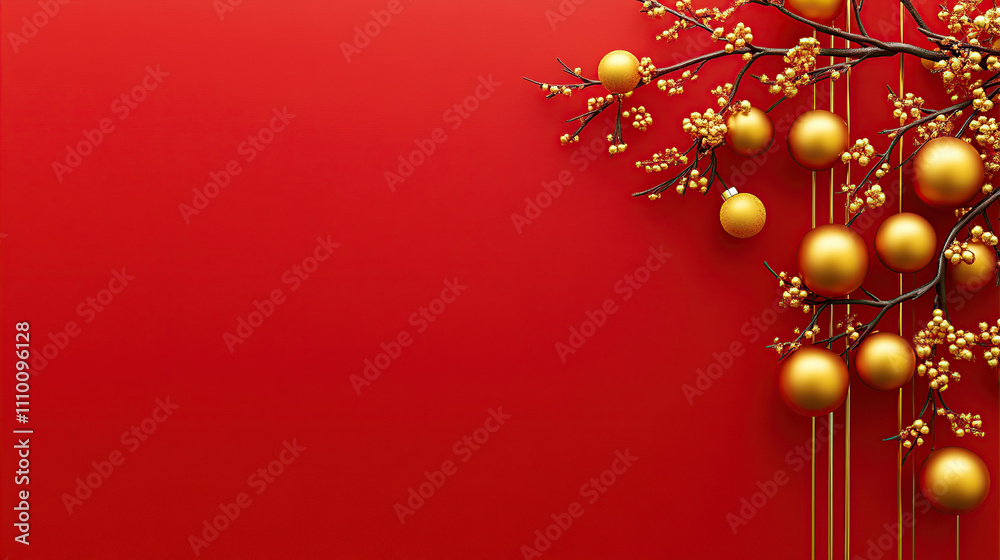 Obraz premium Chinese New Year background with golden decorations on a red wall, minimalist style, Chinese elements, simple composition