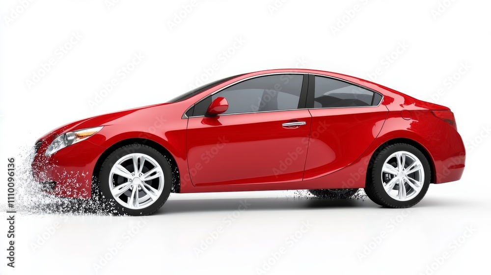 Red sedan on a white background showcasing its sleek design and modern features with playful splashes of water Red sedan on a white background showcasing its sleek design and modern features with playful splashes of water