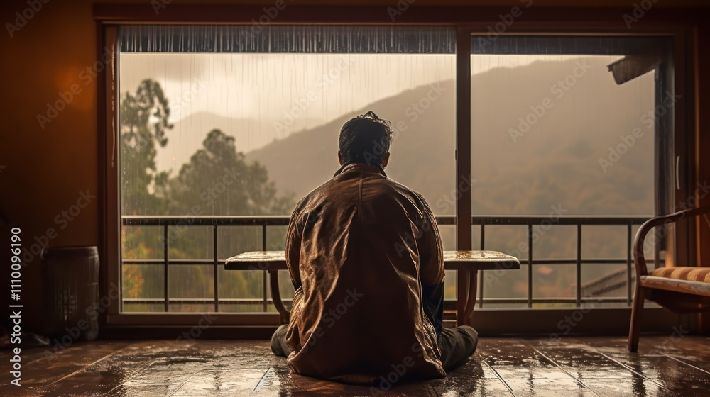 Man Contemplating Rain and Mountain Scenery Man Contemplating Rain and Mountain Scenery