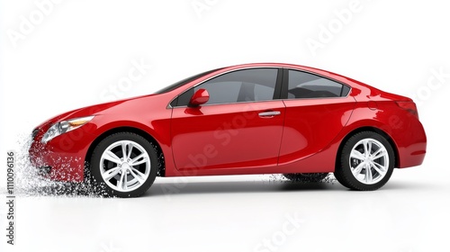 Red sedan on a white background showcasing its sleek design and modern features with playful splashes of water