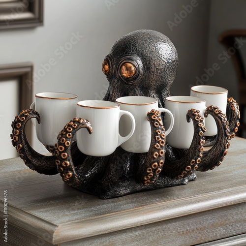 Octopus coffee cup holder with five espresso cups. photo